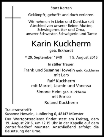 Anzeige von Karin Kuckherm von Westfälische Nachrichten