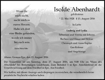 Anzeige von Isolde Abenhardt von Westfälische Nachrichten