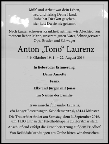 Anzeige von Anton Laurenz von Westfälische Nachrichten