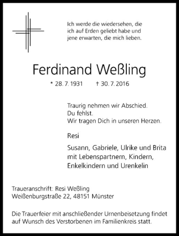 Anzeige von Ferdinand Weßling von Westfälische Nachrichten