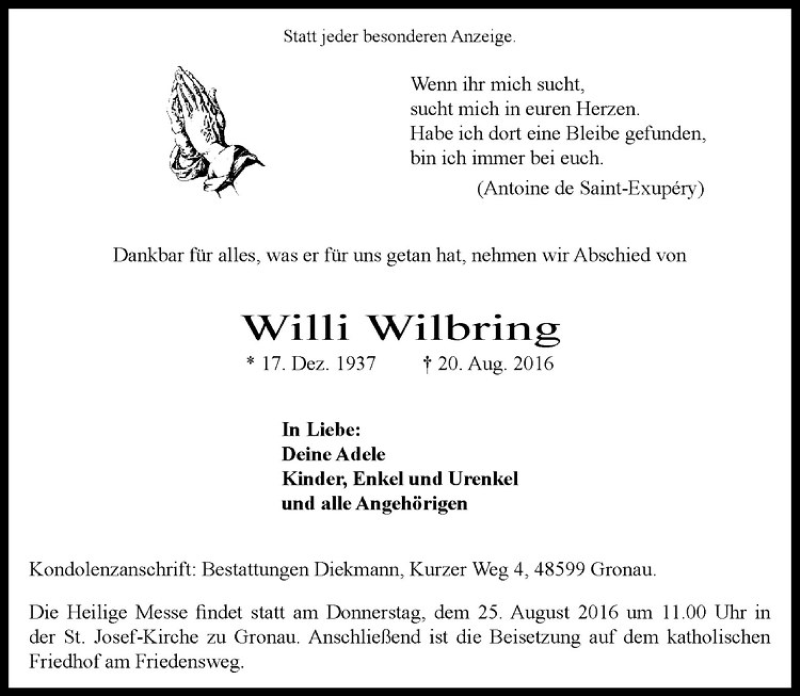  Traueranzeige für Willi Wilbring vom 22.08.2016 aus Westfälische Nachrichten