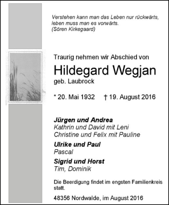 Anzeige von Hildegard Wegjan von Westfälische Nachrichten