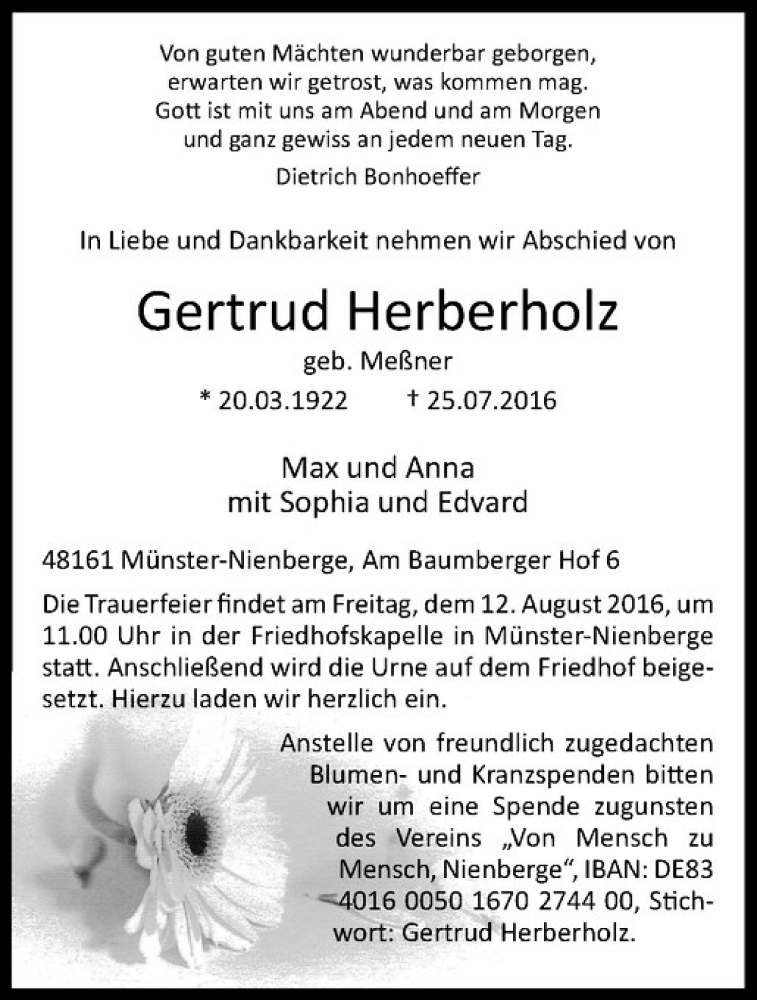  Traueranzeige für Gertrud Herberholz vom 10.08.2016 aus Westfälische Nachrichten