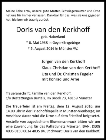 Anzeige von Doris van den Kerkhoff von Westfälische Nachrichten