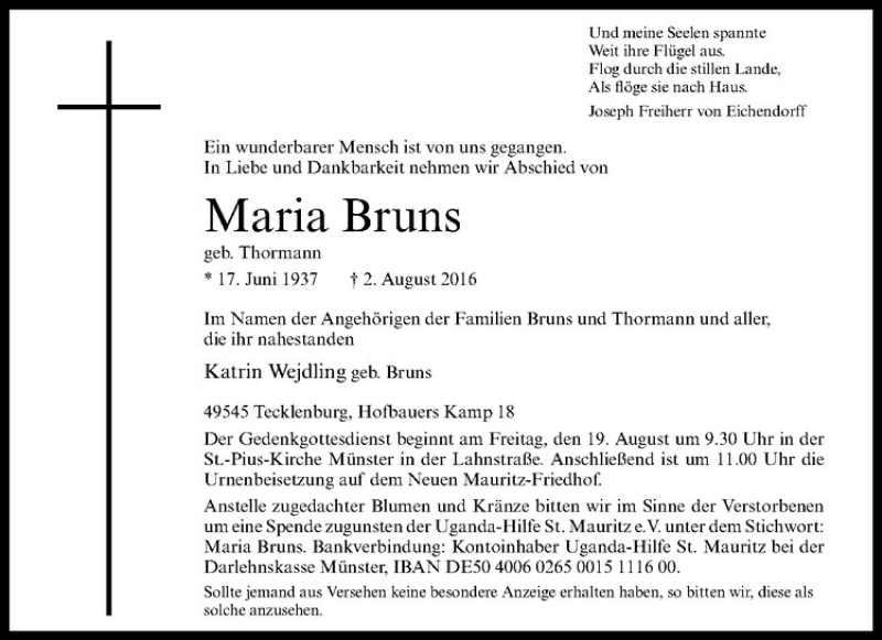  Traueranzeige für Maria Bruns vom 13.08.2016 aus Westfälische Nachrichten