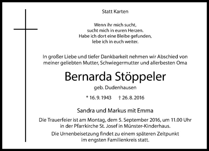  Traueranzeige für Bernarda Stöppeler vom 31.08.2016 aus Westfälische Nachrichten