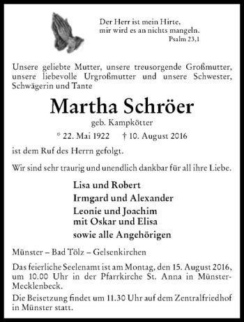 Anzeige von Martha Schröer von Westfälische Nachrichten