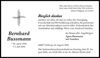 Anzeige von Bernhard Bussmann von Westfälische Nachrichten