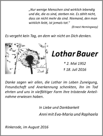 Anzeige von Lothar Bauer von Westfälische Nachrichten