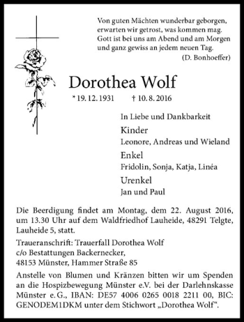 Anzeige von Dorothea Wolf von Westfälische Nachrichten