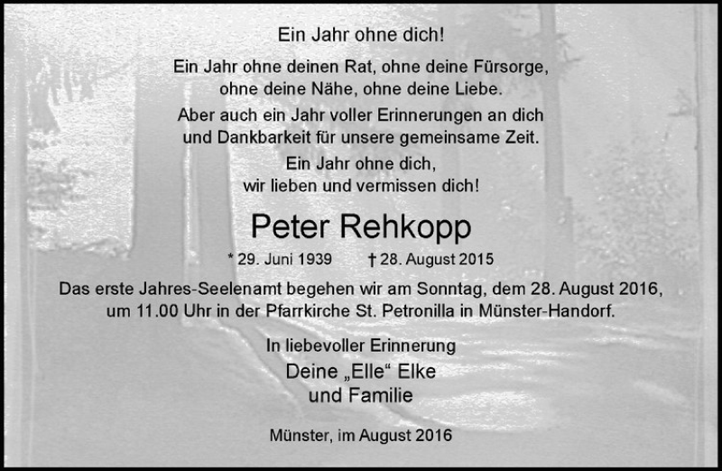  Traueranzeige für Peter Rehkopp vom 20.08.2016 aus Westfälische Nachrichten