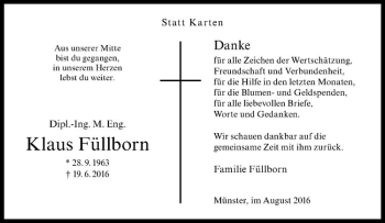 Anzeige von Klaus Füllborn von Westfälische Nachrichten
