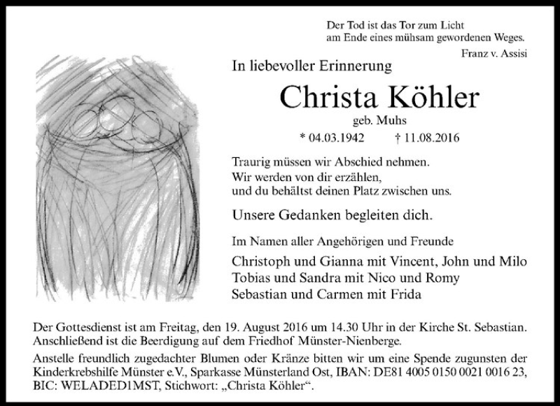  Traueranzeige für Christa Köhler vom 16.08.2016 aus Westfälische Nachrichten