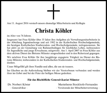 Anzeige von Christa Köhler von Westfälische Nachrichten
