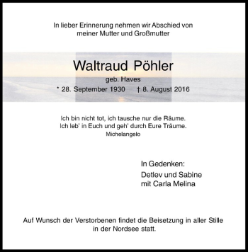 Anzeige von Waltraud Pöhler von Westfälische Nachrichten