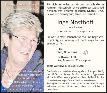 Anzeige von Inge Nosthoff von Westfälische Nachrichten