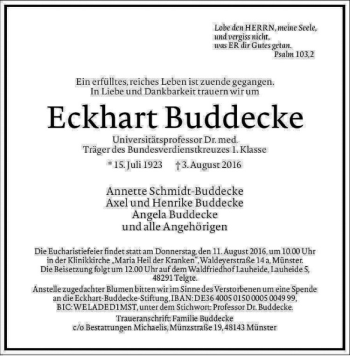 Anzeige von Eckhart Buddecke von Westfälische Nachrichten