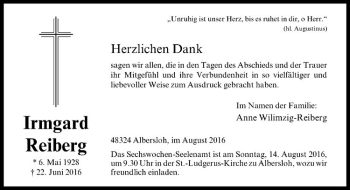 Anzeige von Irmgard Reiberg von Westfälische Nachrichten