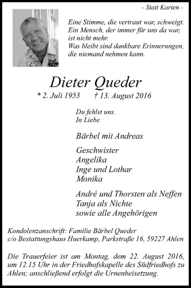  Traueranzeige für Dieter Queder vom 17.08.2016 aus Westfälische Nachrichten
