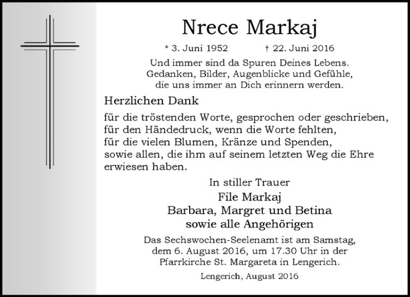  Traueranzeige für Nrece Markaj vom 03.08.2016 aus Westfälische Nachrichten
