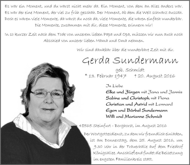  Traueranzeige für Gerda Sundermann vom 23.08.2016 aus Westfälische Nachrichten