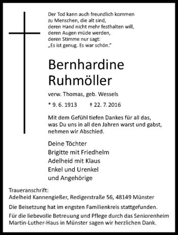 Anzeige von Bernhardine Ruhmöller von Westfälische Nachrichten