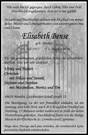 Anzeige von Elisabeth Bense von Westfälische Nachrichten