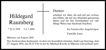 Anzeige von Hildegard Raumberg von Westfälische Nachrichten