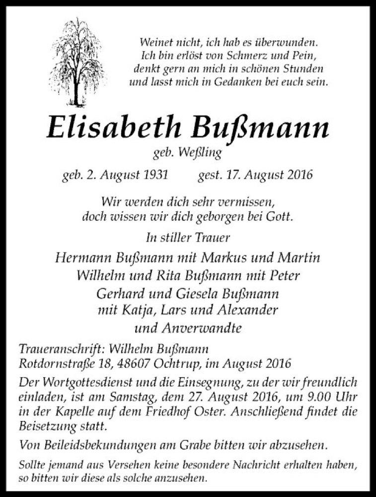  Traueranzeige für Elisabeth Bußmann vom 22.08.2016 aus Westfälische Nachrichten