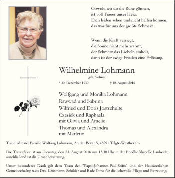 Anzeige von Wilhelmine Lohmann von Westfälische Nachrichten