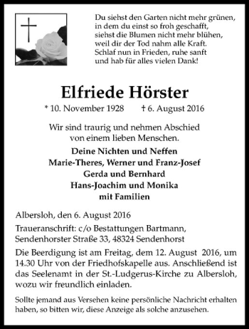 Anzeige von Elfriede Hörster von Westfälische Nachrichten
