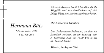 Anzeige von Hermann Bätz von Westfälische Nachrichten