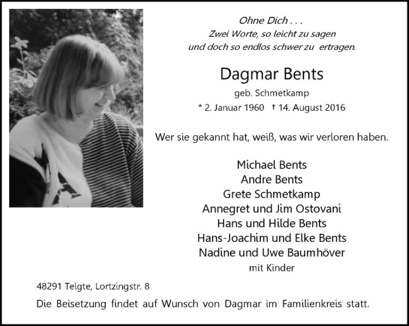  Traueranzeige für Dagmar Bents vom 20.08.2016 aus Westfälische Nachrichten