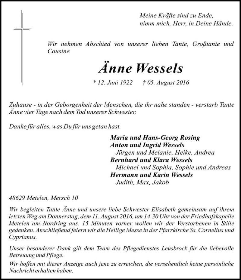 Traueranzeige für Änne Wessels vom 09.08.2016 aus Westfälische Nachrichten