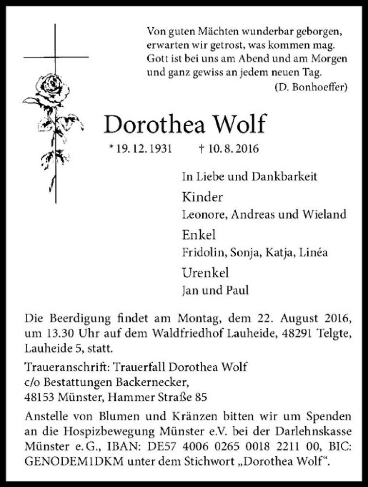  Traueranzeige für Dorothea Wolf vom 13.08.2016 aus Westfälische Nachrichten