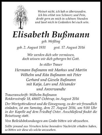 Anzeige von Elisabeth Bußmann von Westfälische Nachrichten
