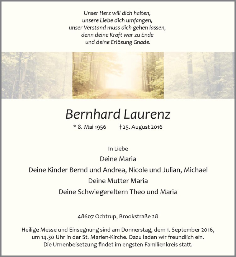  Traueranzeige für Bernhard Laurenz vom 27.08.2016 aus Westfälische Nachrichten