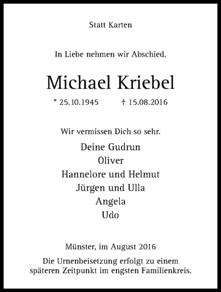  Traueranzeige für Michael Kriebel vom 20.08.2016 aus Westfälische Nachrichten