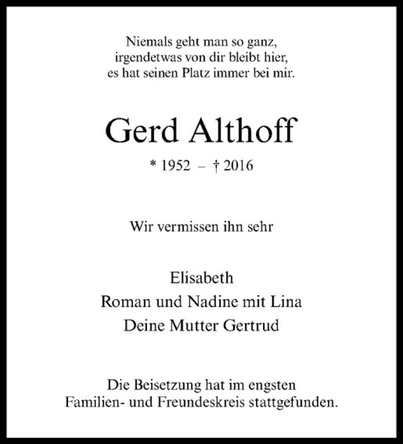  Traueranzeige für Gerd Althoff vom 06.08.2016 aus Westfälische Nachrichten