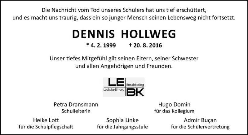  Traueranzeige für Dennis Hollweg vom 24.08.2016 aus Westfälische Nachrichten