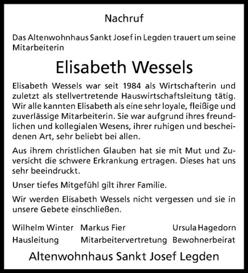  Traueranzeige für Elisabeth Wessels vom 24.08.2016 aus Westfälische Nachrichten