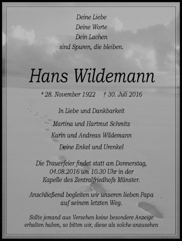  Traueranzeige für Hans Wildemann vom 02.08.2016 aus Westfälische Nachrichten
