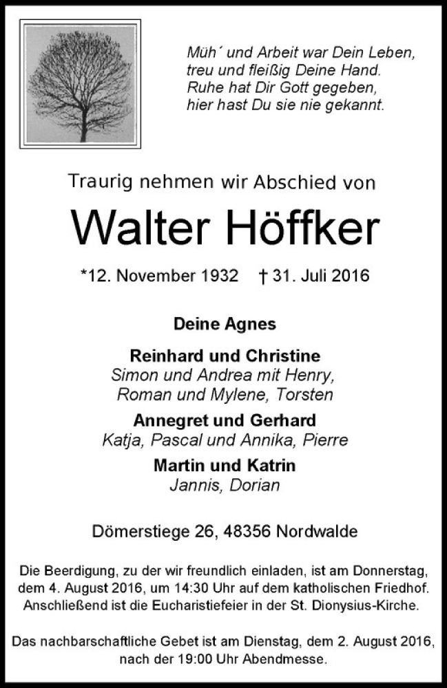  Traueranzeige für Walter Höffker vom 02.08.2016 aus Westfälische Nachrichten