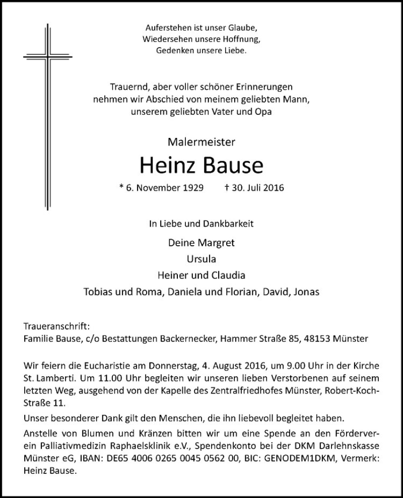  Traueranzeige für Heinz Bause vom 02.08.2016 aus Westfälische Nachrichten