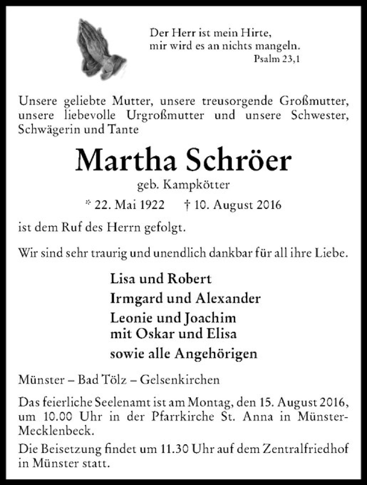  Traueranzeige für Martha Schröer vom 13.08.2016 aus Westfälische Nachrichten