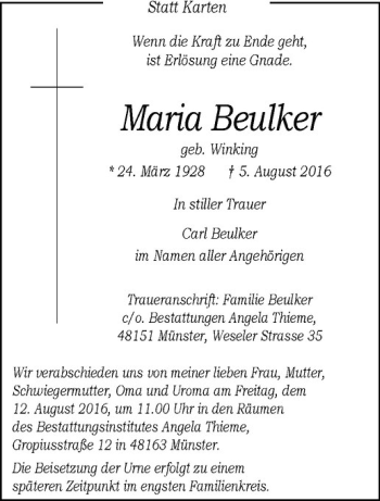 Anzeige von Maria Beulker von Westfälische Nachrichten