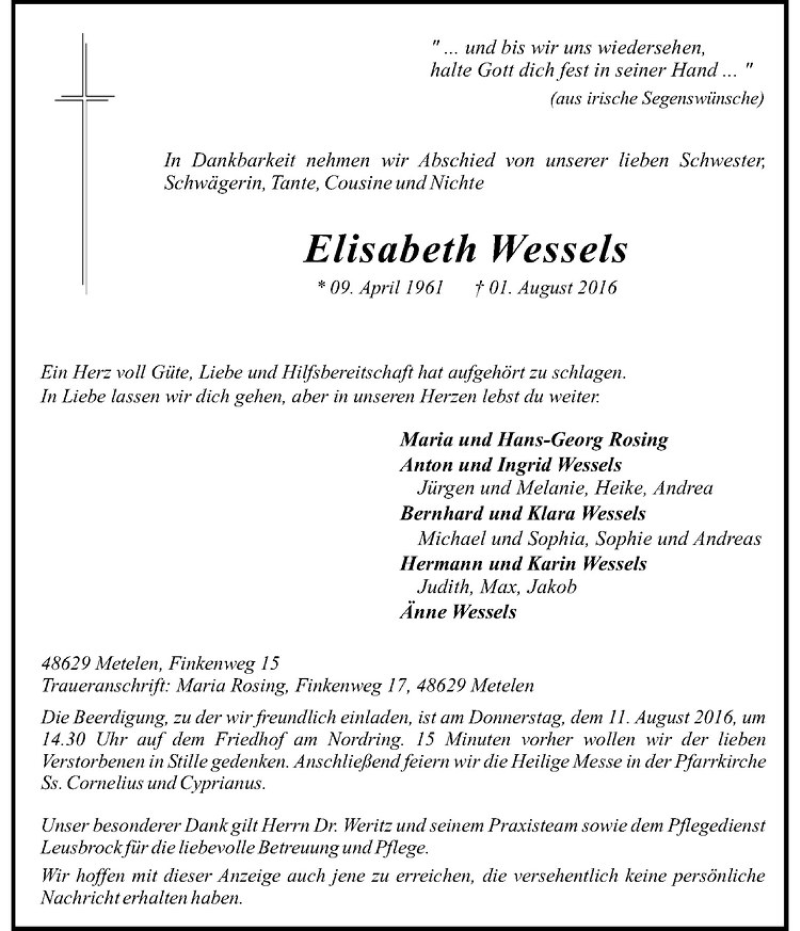  Traueranzeige für Elisabeth Wessels vom 08.08.2016 aus Westfälische Nachrichten