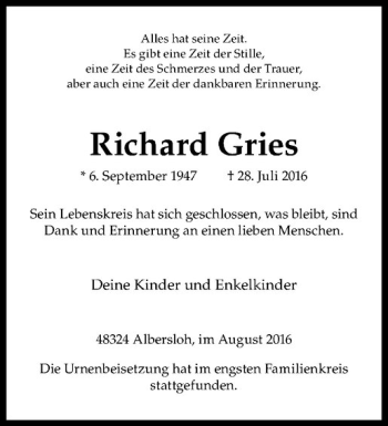 Anzeige von Richard Gries von Westfälische Nachrichten