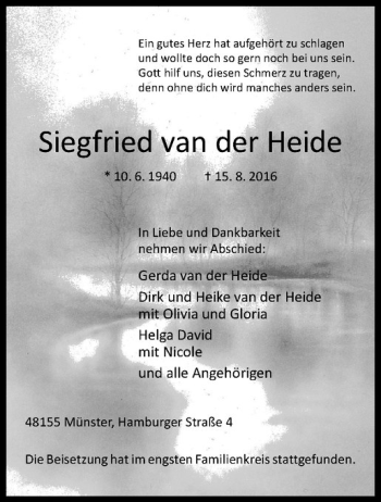 Anzeige von Siegfried van der Heide von Westfälische Nachrichten