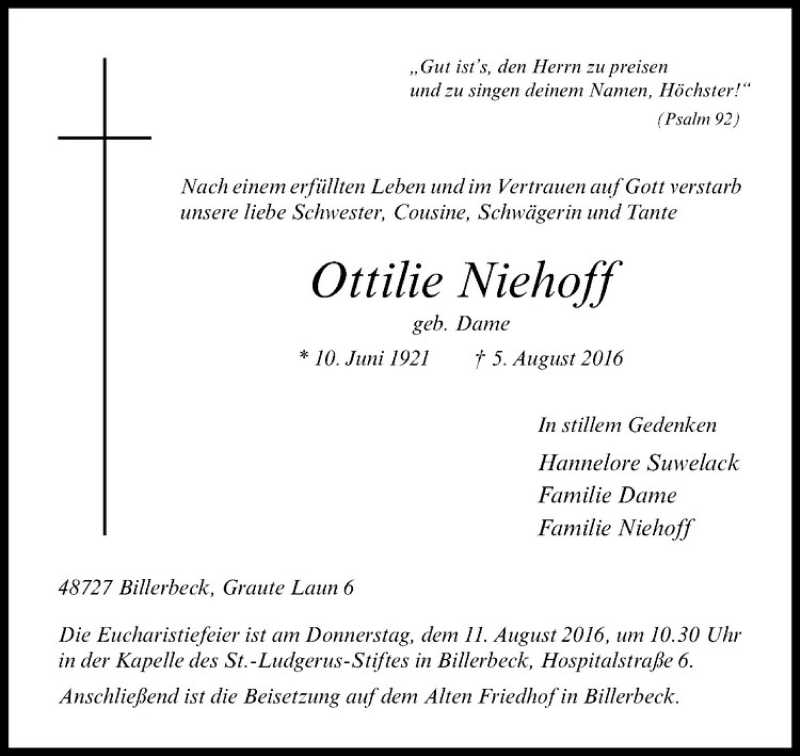  Traueranzeige für Ottilie Niehoff vom 09.08.2016 aus Westfälische Nachrichten
